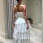 Vintage White Chiffon Strapless A-Line Tiered Prom Dress Party Dress Evening Dress DP6477