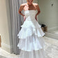 Vintage White Chiffon Strapless A-Line Tiered Prom Dress Party Dress Evening Dress DP6477