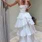 Vintage White Chiffon Strapless A-Line Tiered Prom Dress Party Dress Evening Dress DP6477