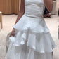 Vintage White Chiffon Strapless A-Line Tiered Prom Dress Party Dress Evening Dress DP6477