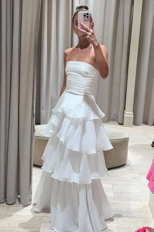 Vintage Weißes Chiffon Trägerloses A-Linien-Ballkleid Partykleid Abendkleid DP6477