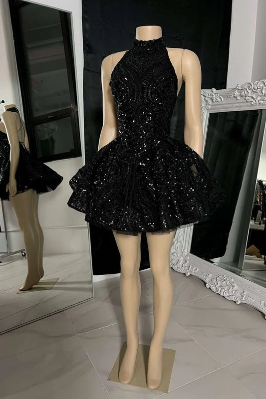 Vintage Schwarzes funkelndes Neckholderkleid mit Pailletten Design A-Linie Stufenkleid Partykleid Homecoming-Kleid DP6159