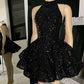 Vintage Black Sparkling Sequin Halter Dress Design A-Line Tiered Party Dress Homecoming Dress DP6159