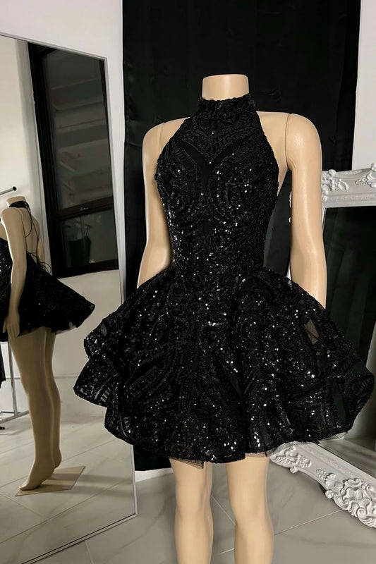 Vintage Schwarzes funkelndes Neckholderkleid mit Pailletten Design A-Linie Stufenkleid Partykleid Homecoming-Kleid DP6159