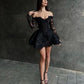Vintage Glänzende Schwarze Spitze Perlen Off-the-shoulder A-Linie Kurzes Partykleid Cocktailkleid Homecoming Kleid DP6501