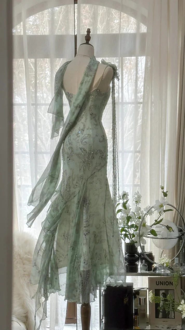Gorgeous Light Green Cowl Neck Glittering Beaded Spaghetti Strap Chiffon Mermaid Prom Dress Evening Dress DP6315
