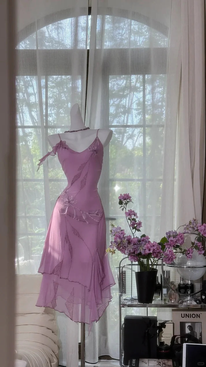 Gorgeous Rose Pink Applique Spaghetti Strap Chiffon Mermaid Prom Dress Evening Dress DP6317