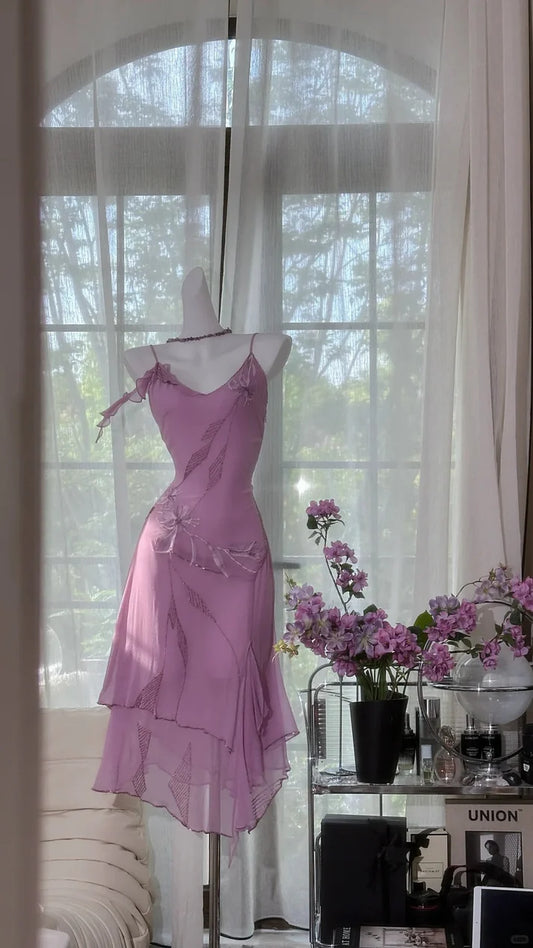Gorgeous Rose Pink Applique Spaghetti Strap Chiffon Mermaid Prom Dress Evening Dress DP6317