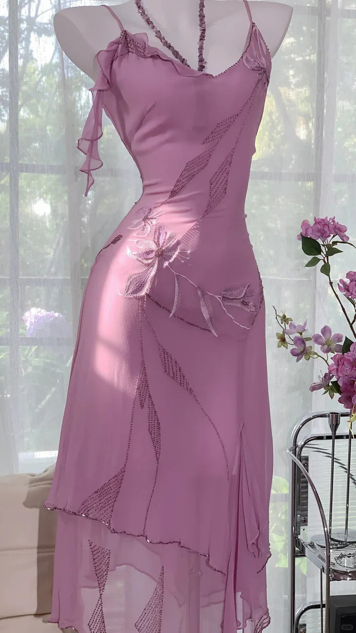 Gorgeous Rose Pink Applique Spaghetti Strap Chiffon Mermaid Prom Dress Evening Dress DP6317