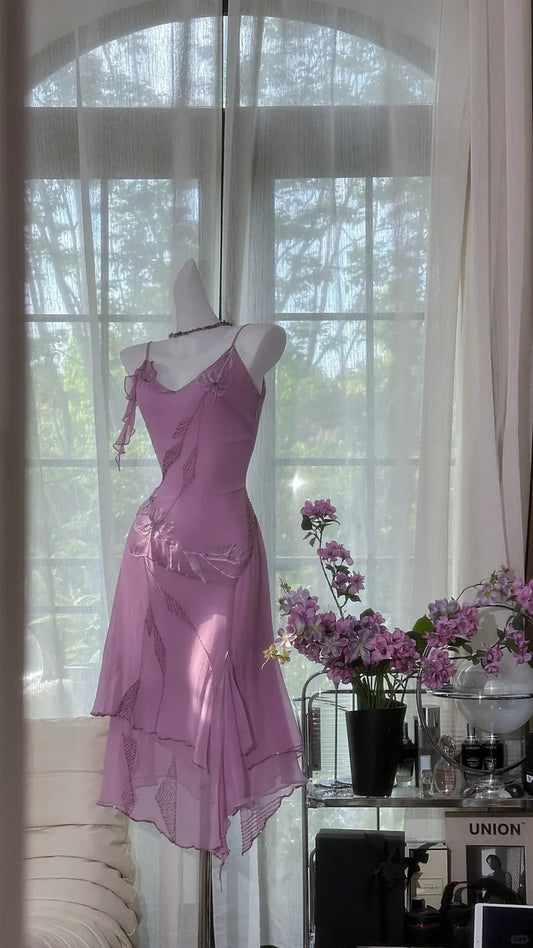 Gorgeous Rose Pink Applique Spaghetti Strap Chiffon Mermaid Prom Dress Evening Dress DP6317