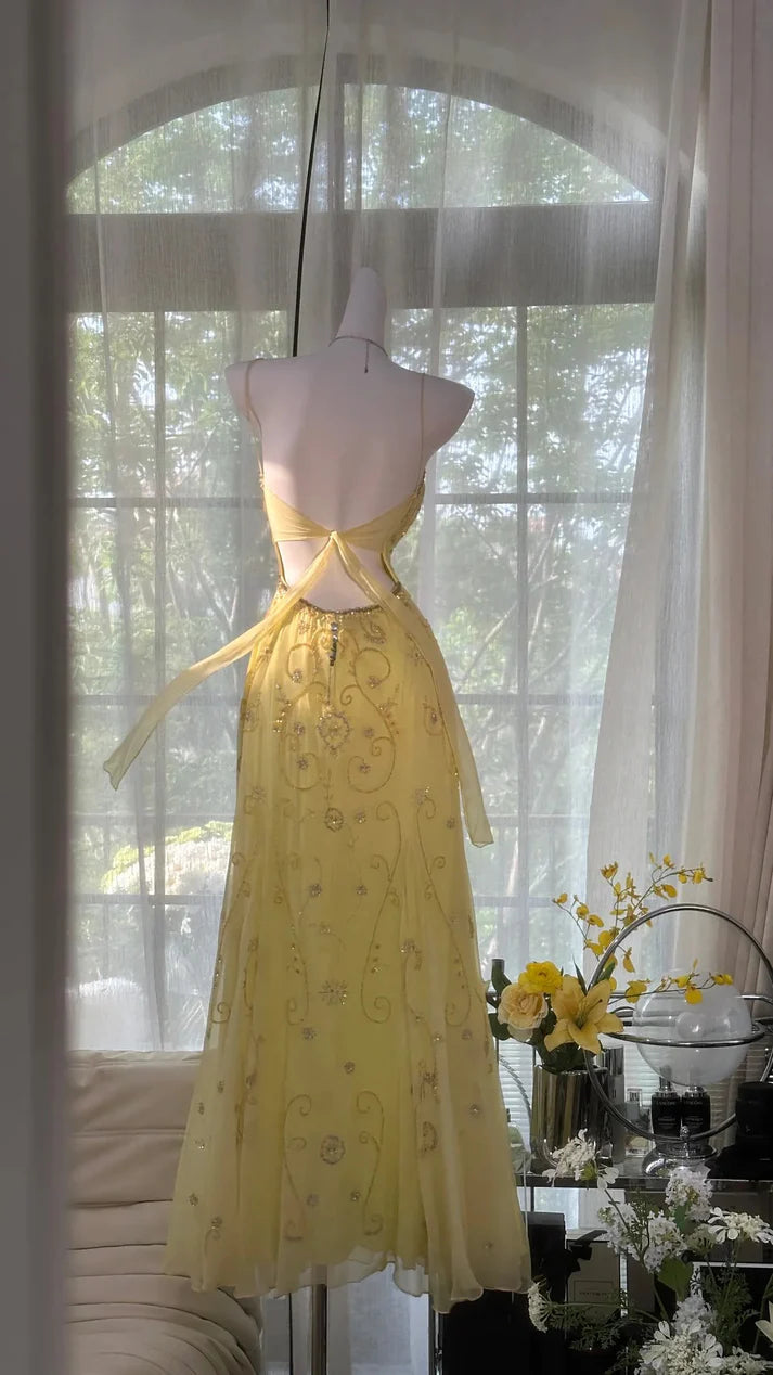 Shiny Yellow Sequined Sweetheart Chiffon A-Line Prom Dress Evening Dress DP6312