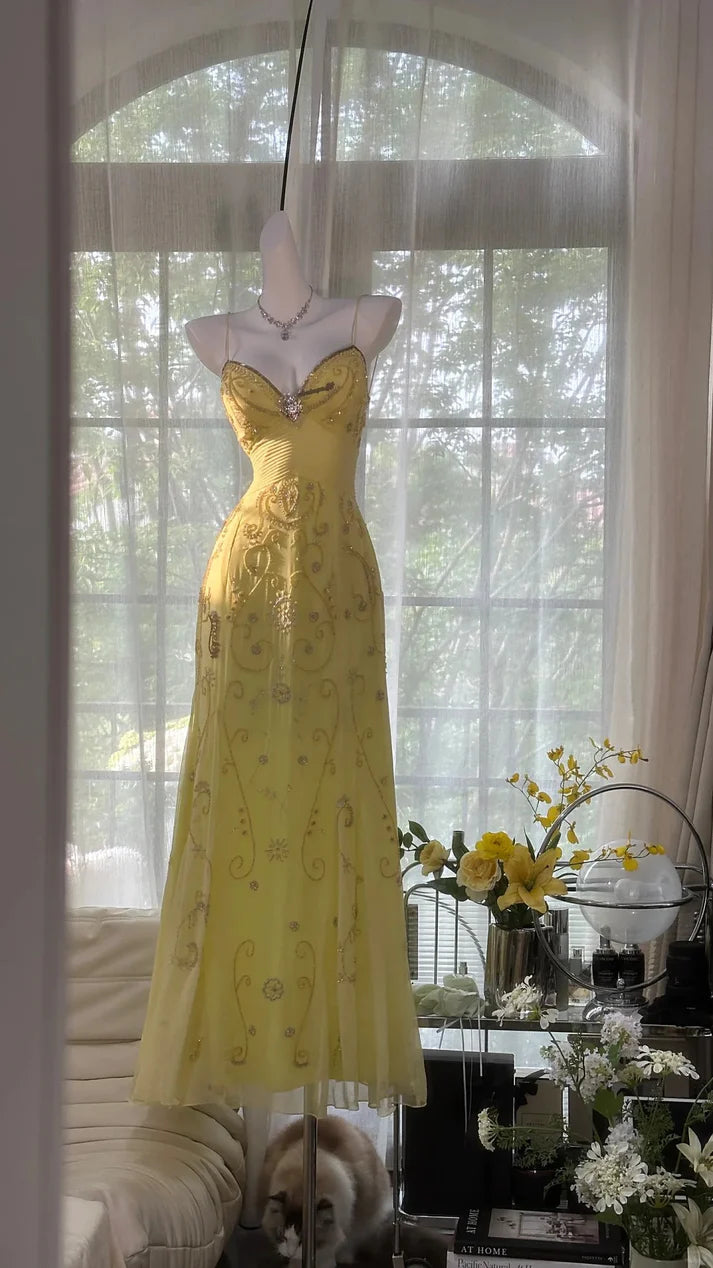 Shiny Yellow Sequined Sweetheart Chiffon A-Line Prom Dress Evening Dress DP6312