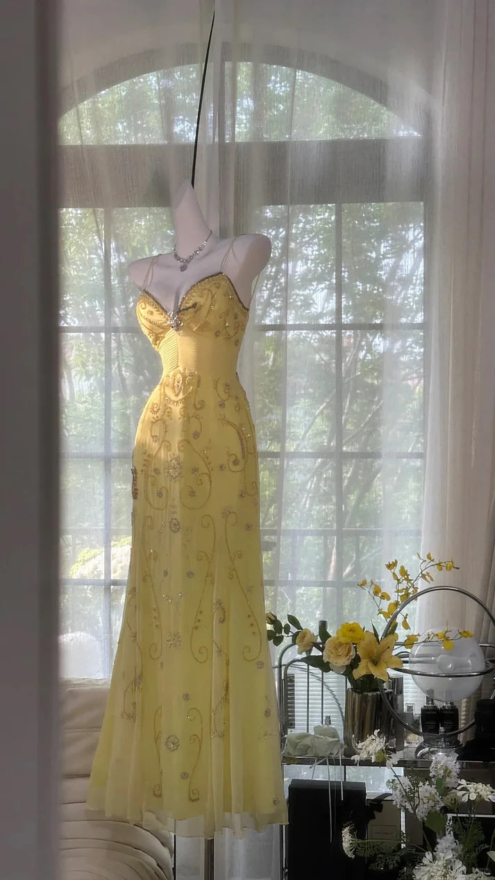 Shiny Yellow Sequined Sweetheart Chiffon A-Line Prom Dress Evening Dress DP6312