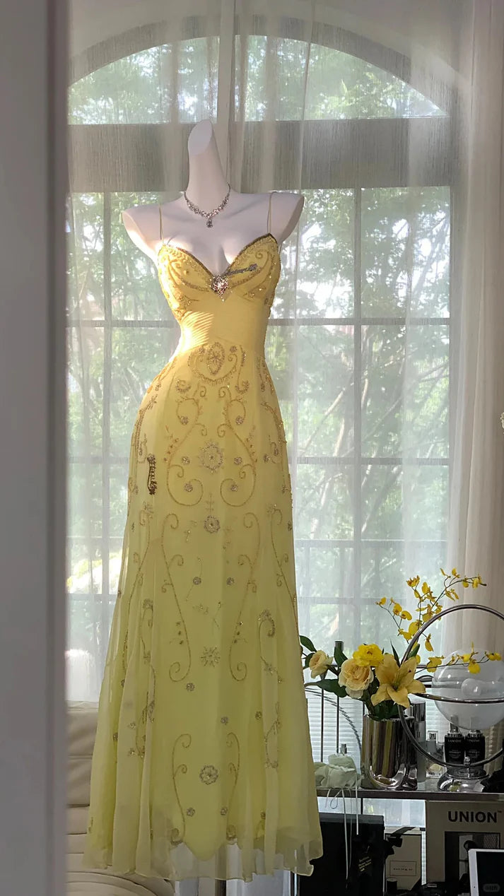 Shiny Yellow Sequined Sweetheart Chiffon A-Line Prom Dress Evening Dress DP6312
