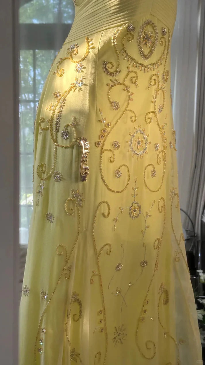 Shiny Yellow Sequined Sweetheart Chiffon A-Line Prom Dress Evening Dress DP6312