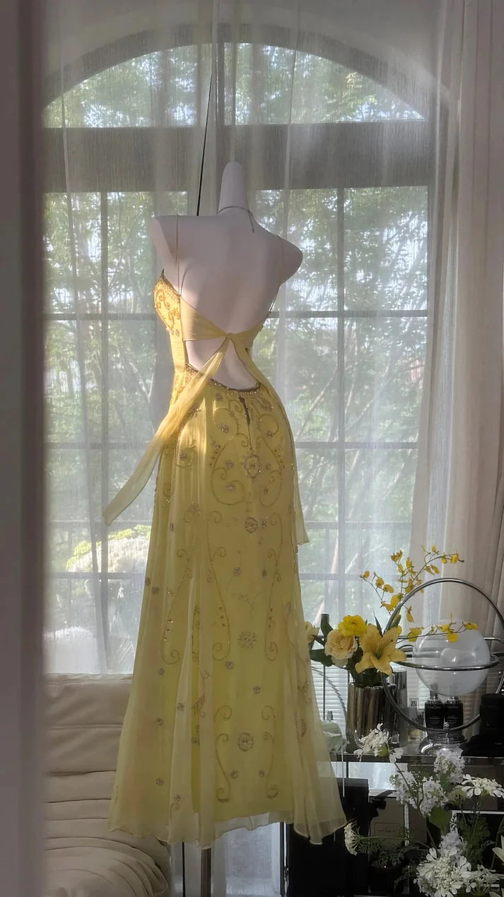 Shiny Yellow Sequined Sweetheart Chiffon A-Line Prom Dress Evening Dress DP6312