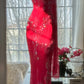Vintage Rotes Chiffon Glänzende Perlen Spaghettiträger Meerjungfrau Langes Ballkleid Abendkleid, DP6532