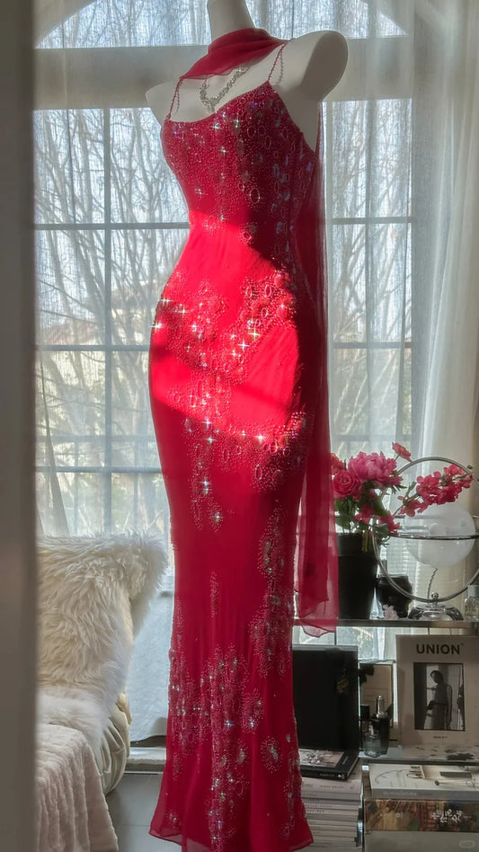Vintage Rotes Chiffon Glänzende Perlen Spaghettiträger Meerjungfrau Langes Ballkleid Abendkleid, DP6532
