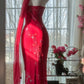 Vintage Rotes Chiffon Glänzende Perlen Spaghettiträger Meerjungfrau Langes Ballkleid Abendkleid, DP6532