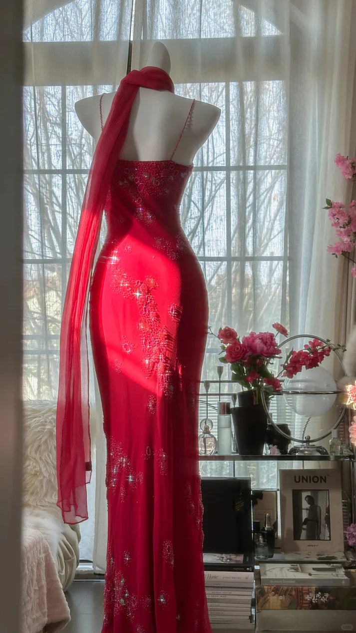 Vintage Rotes Chiffon Glänzende Perlen Spaghettiträger Meerjungfrau Langes Ballkleid Abendkleid, DP6532