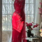 Vintage Rotes Chiffon Glänzende Perlen Spaghettiträger Meerjungfrau Langes Ballkleid Abendkleid, DP6532