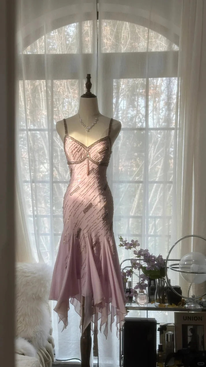 Gorgeous Pink Sweetheart Glittering Beaded Spaghetti Strap Chiffon Mermaid Prom Dress Evening Dress DP6316