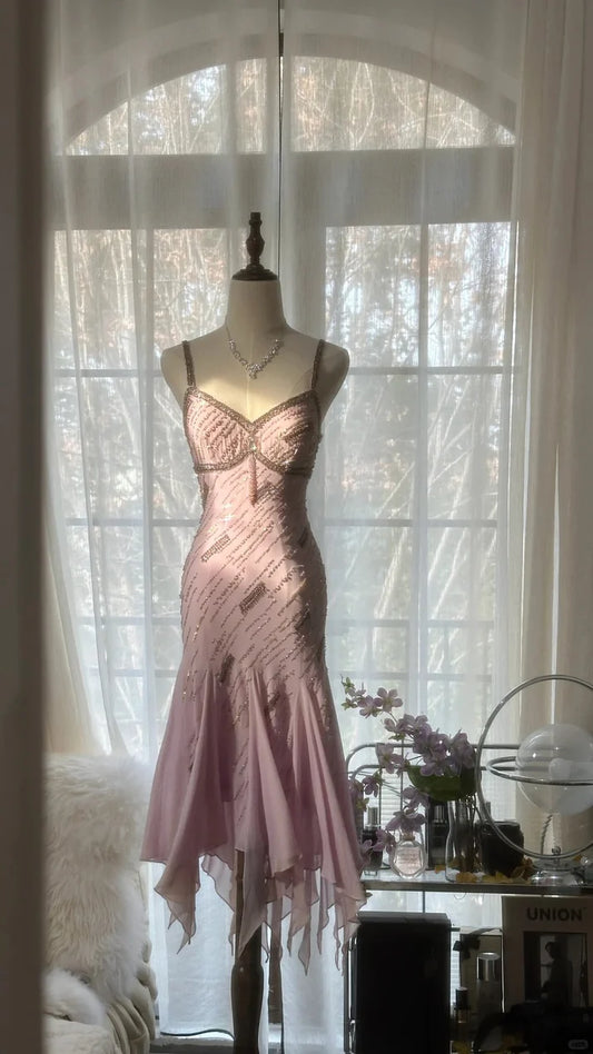 Gorgeous Pink Sweetheart Glittering Beaded Spaghetti Strap Chiffon Mermaid Prom Dress Evening Dress DP6316
