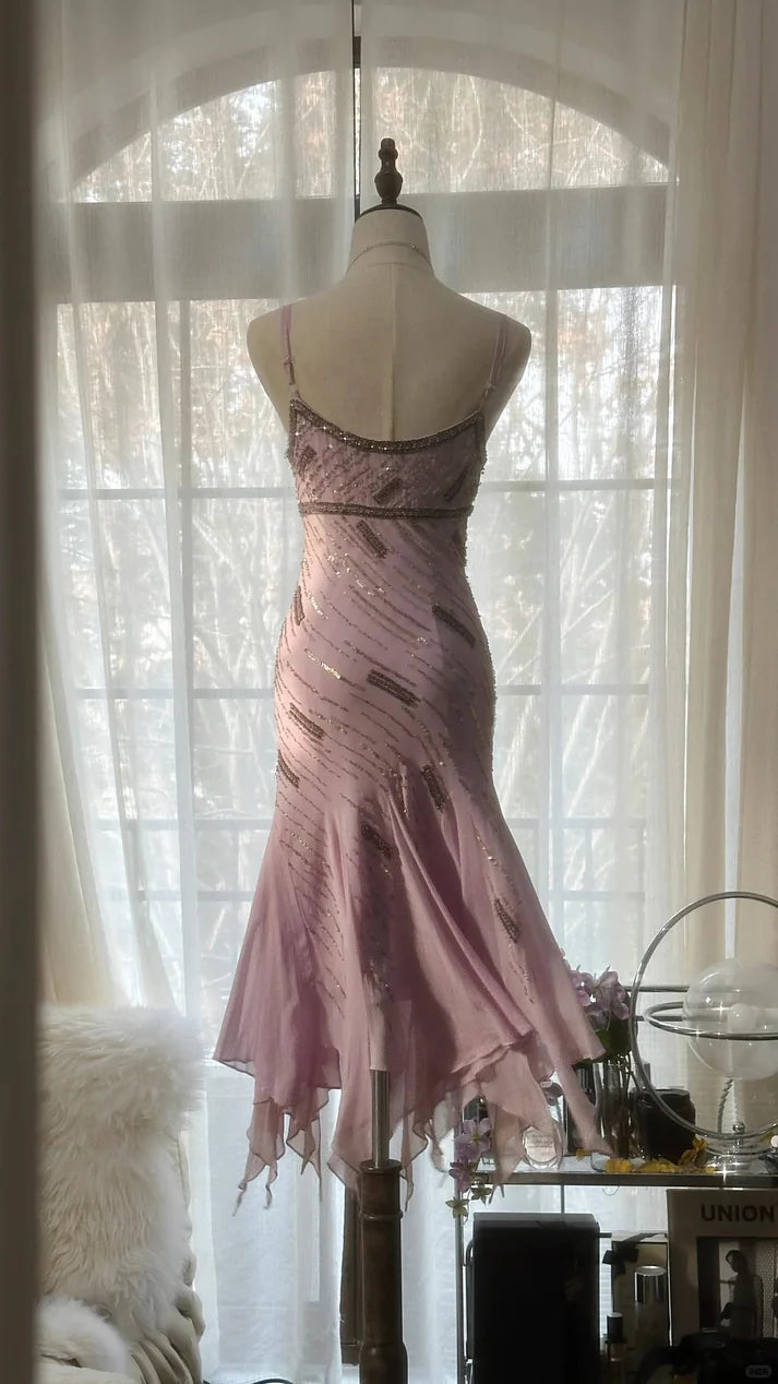 Gorgeous Pink Sweetheart Glittering Beaded Spaghetti Strap Chiffon Mermaid Prom Dress Evening Dress DP6316