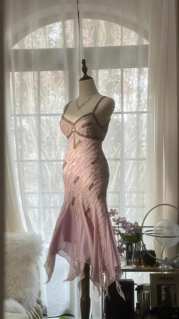 Gorgeous Pink Sweetheart Glittering Beaded Spaghetti Strap Chiffon Mermaid Prom Dress Evening Dress DP6316