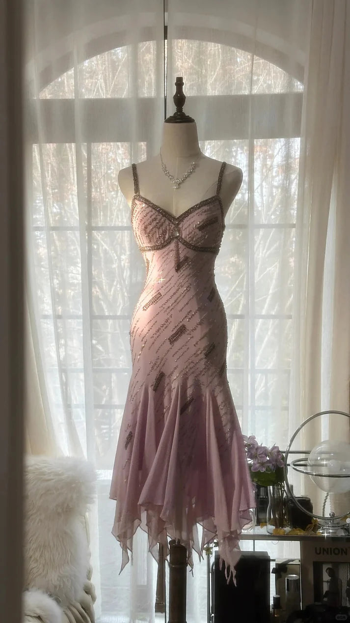 Gorgeous Pink Sweetheart Glittering Beaded Spaghetti Strap Chiffon Mermaid Prom Dress Evening Dress DP6316