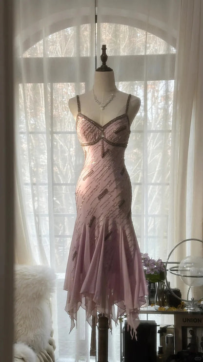 Gorgeous Pink Sweetheart Glittering Beaded Spaghetti Strap Chiffon Mermaid Prom Dress Evening Dress DP6316