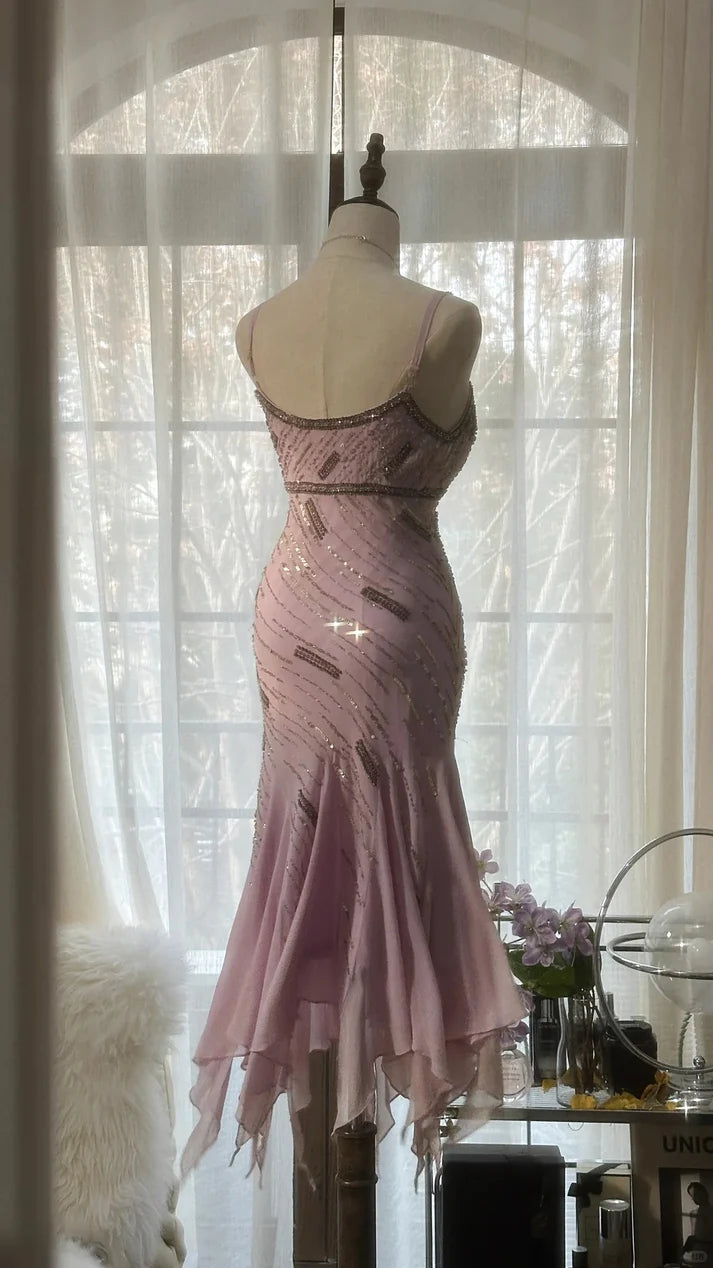 Gorgeous Pink Sweetheart Glittering Beaded Spaghetti Strap Chiffon Mermaid Prom Dress Evening Dress DP6316