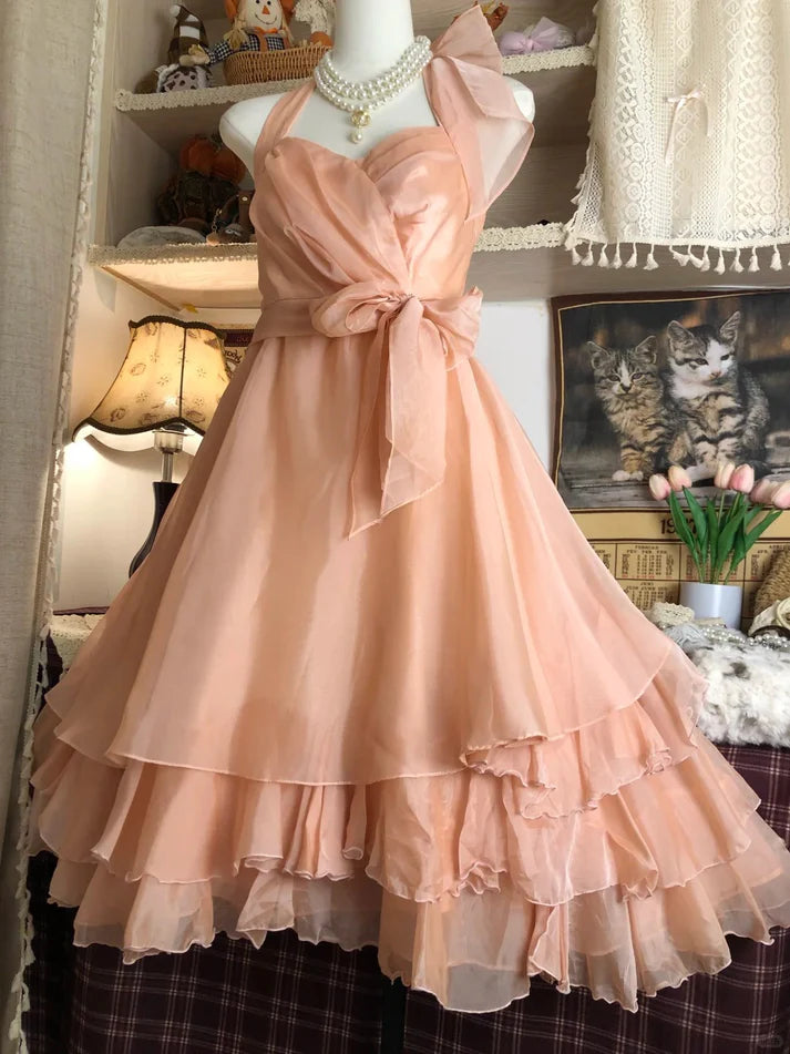 Vintage Champagne Sweetheart Halter Dress Design A-line Chiffon Party Dress Homecoming Dress DP6099