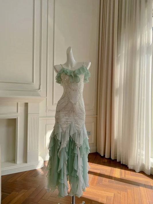 Gorgeous Shiny Beaded Spaghetti Strap Ruffles Chiffon Mermaid Prom Dress Evening Dress DP6313