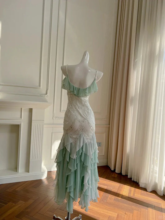 Gorgeous Shiny Beaded Spaghetti Strap Ruffles Chiffon Mermaid Prom Dress Evening Dress DP6313