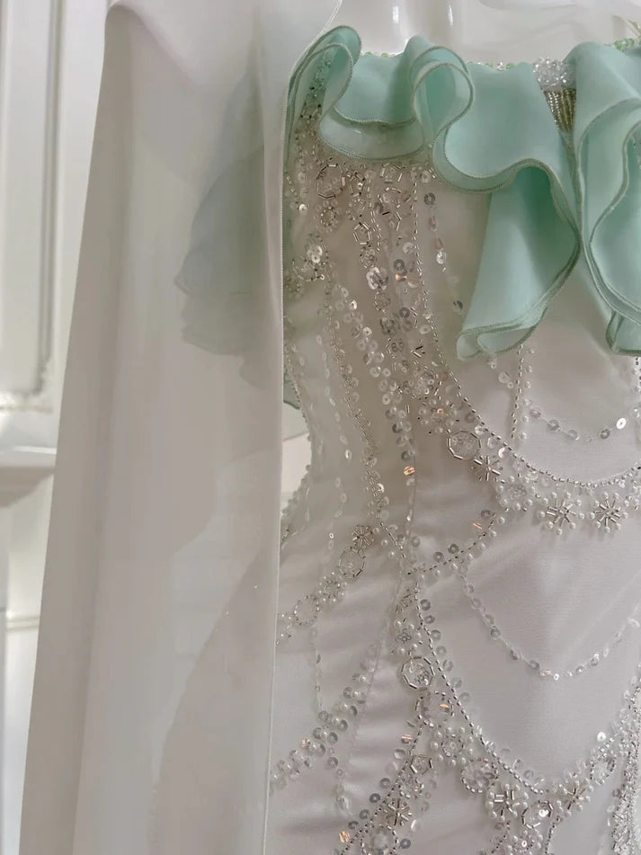 Gorgeous Shiny Beaded Spaghetti Strap Ruffles Chiffon Mermaid Prom Dress Evening Dress DP6313
