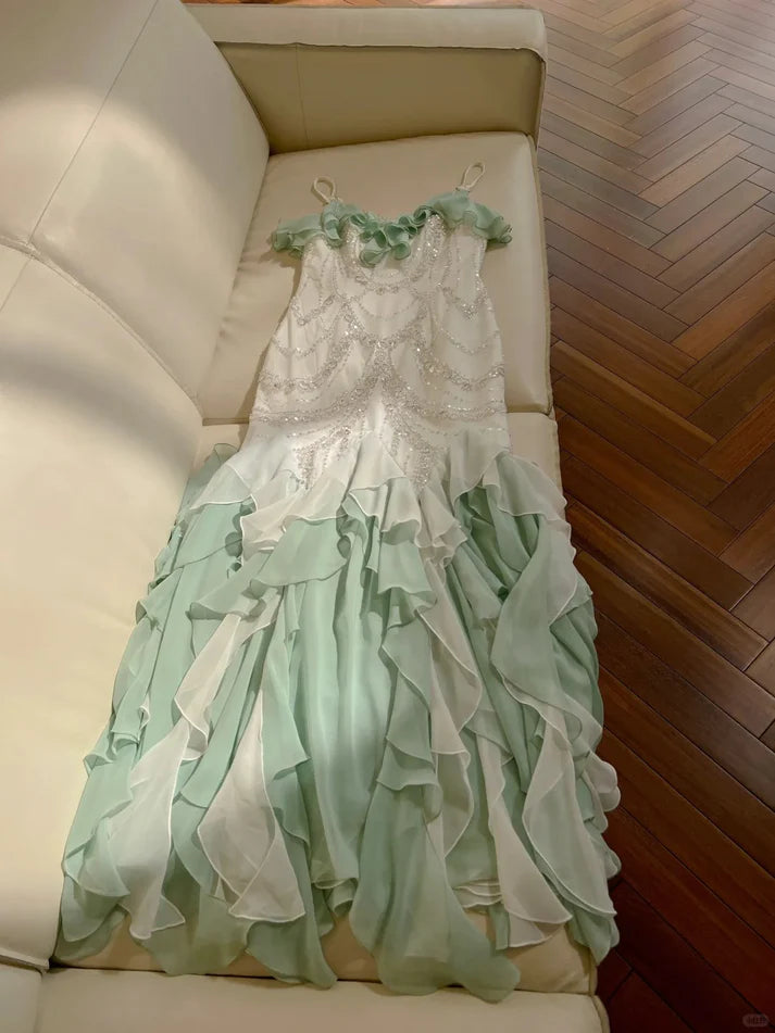Gorgeous Shiny Beaded Spaghetti Strap Ruffles Chiffon Mermaid Prom Dress Evening Dress DP6313