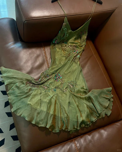 Gorgeous Green V-neck Glittering Beaded Spaghetti Strap Ruffles Chiffon A-Line Prom Dress Evening Dress DP6314