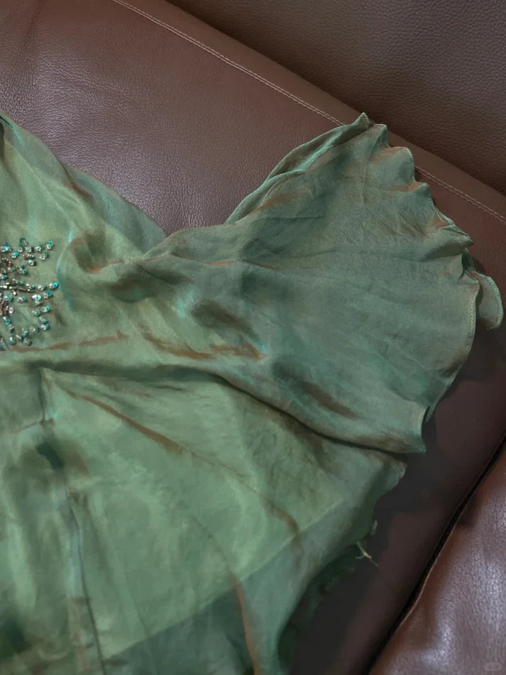 Gorgeous Green V-neck Glittering Beaded Spaghetti Strap Ruffles Chiffon A-Line Prom Dress Evening Dress DP6314