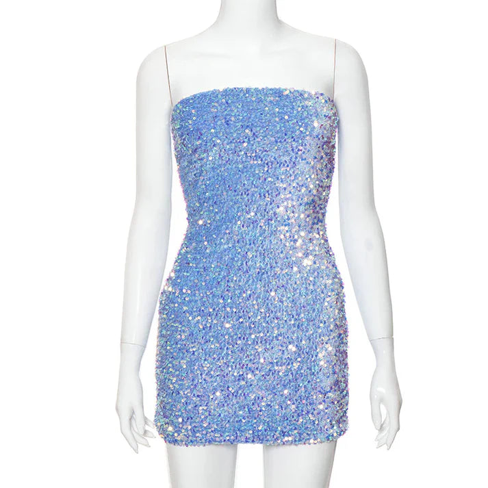 Retro Sparkling Blue Strapless Sequin Design Bodycon Party Dress Homecoming Dress DP6101