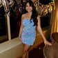 Retro Sparkling Blue Strapless Sequin Design Bodycon Party Dress Homecoming Dress DP6101