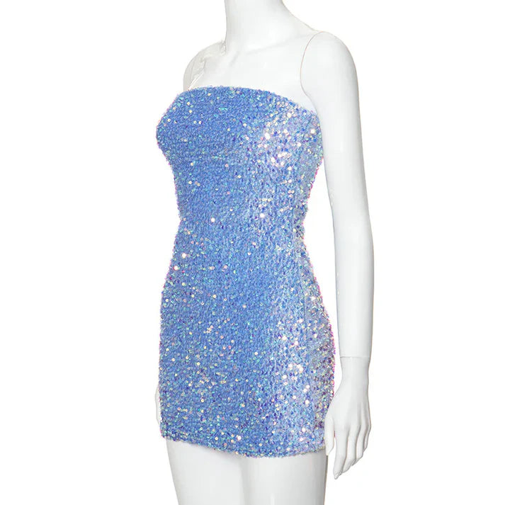 Retro Sparkling Blue Strapless Sequin Design Bodycon Party Dress Homecoming Dress DP6101