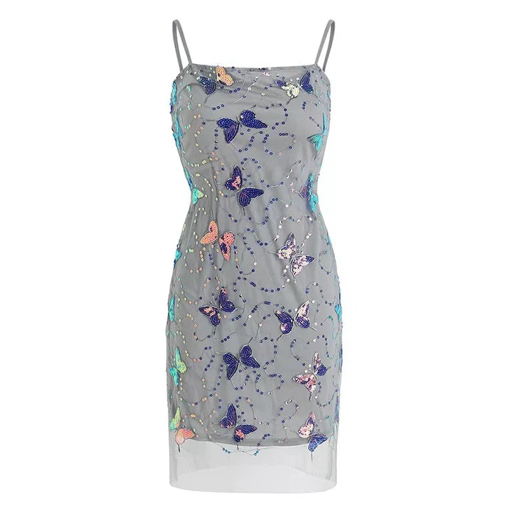 Elegant Sparkling Light Blue Spaghetti Strap Sequin Butterfly Design Sheath Chiffon Party Dress Homecoming Dress DP6100
