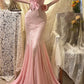 Vintage Pink Lace Prom Dress Mermaid V-neck Evening Gown Sleeveless Party Dress Long Formal Dress DP6895