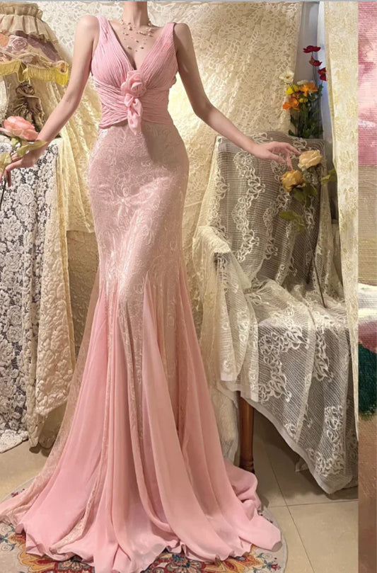 Vintage Pink Lace Prom Dress Mermaid V-neck Evening Gown Sleeveless Party Dress Long Formal Dress DP6895
