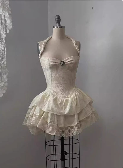Vintage Beige Sweetheart Applique A-Line Elegant Tiered Homecoming Dress Party Dress Prom Dresses DP6152