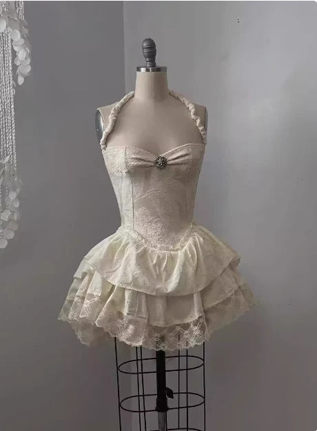 Vintage Beige Sweetheart Applique A-Line Elegant Tiered Homecoming Dress Party Dress Prom Dresses DP6152