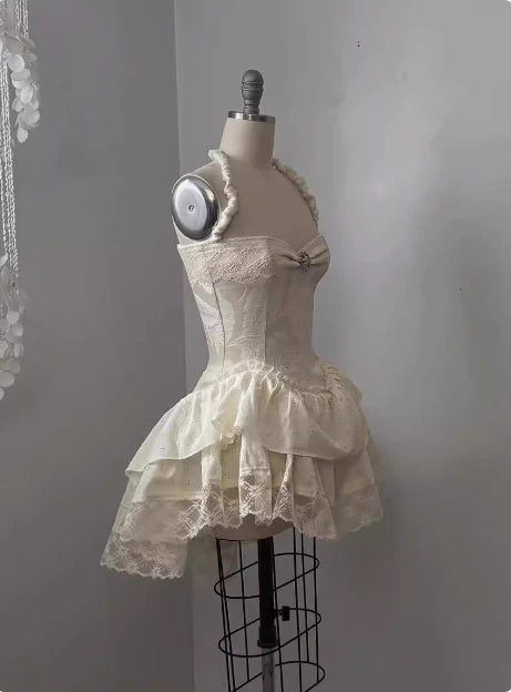 Vintage Beige Sweetheart Applique A-Line Elegant Tiered Homecoming Dress Party Dress Prom Dresses DP6152