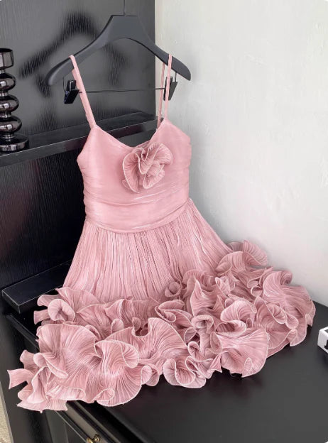 Cute Pink Spaghetti Strap Ruffle Design A-Line Homecoming Dress Party Dress Prom Dresses DP6153