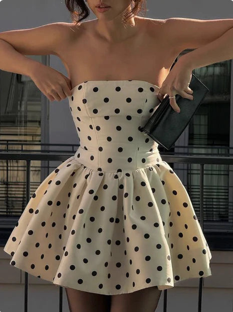 Cute Dot Pattern Design Strapless Bow Zip-up A-Line Homecoming Dress Party Dress Prom Dresses DP6155